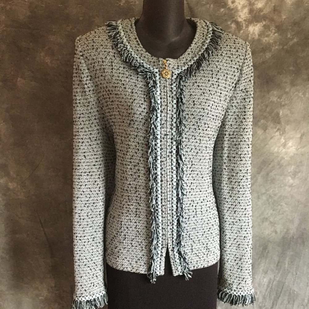 ST JOHN KNIT BLUE BLACK FRINGE JACKET 12